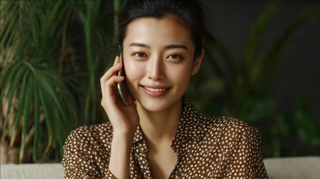 A cheerful woman talking on her smartphone, indoors with a green plant in the background. She is dressed casually and appears to be engaged in an enjoyable conversation.