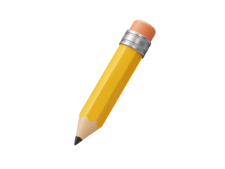 A bright yellow wooden pencil with a pink eraser and silver ferrule isolated on transparent background