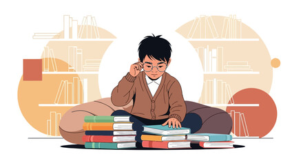 Young Student Surrounded by Books in a Library Setting, Focused and Thoughtful Illustration