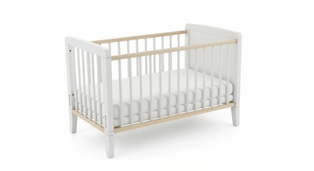Baby crib in minimalistic design with white and natural wood elements on a white background