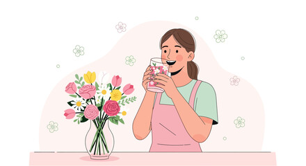 Young Lady Enjoying Refreshments, Floral Bouquet, Joyful Moment, Home Aesthetic
