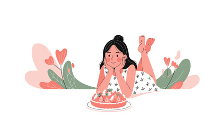 Young Lady Gazing At Cake While Relaxing In Meadow Filled With Decorative Floral Elements