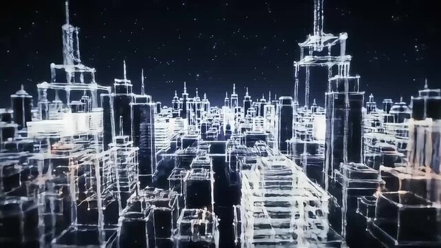 Futuristic digital wireframe city animation showing a glowing virtual metropolis.