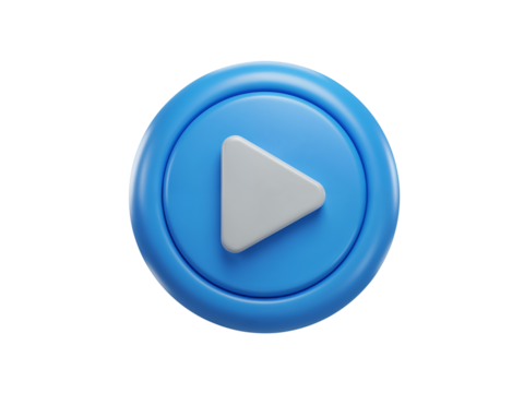 A vibrant blue circular play button icon with a white triangle symbol indicating media playback isolated on transparent background