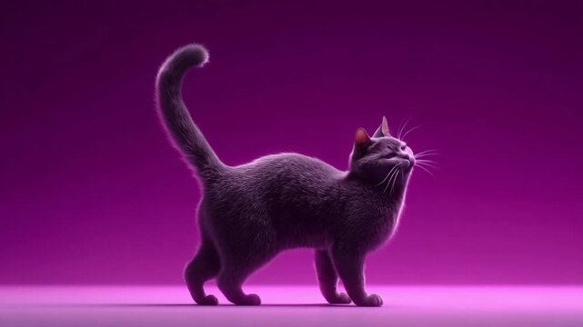 Curious cat explores vibrant purple backdrop