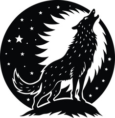 Majestic wolf howling at a full moon silhouette vector design