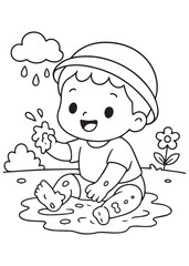 coloring book child sitting in mud puddle playing with water