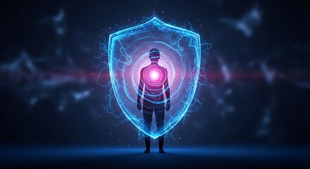 Silhouette figure protected by a glowing energy shield