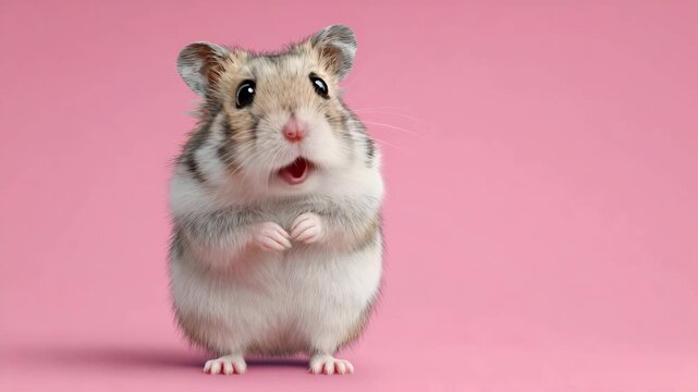 Cute hamster standing on paws with a pink background