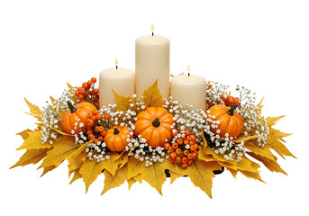 A decorative autumnal centerpiece features three pillar candles, small pumpkins, autumn leaves, and small berries, all arranged in a circular design against a black background.