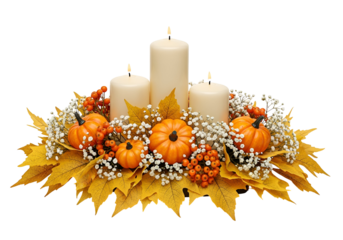 A decorative autumnal centerpiece features three pillar candles, small pumpkins, autumn leaves, and small berries, all arranged in a circular design against a black background.