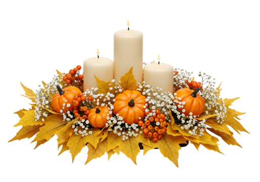 A decorative autumnal centerpiece features three pillar candles, small pumpkins, autumn leaves, and small berries, all arranged in a circular design against a black background.