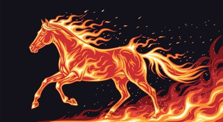 Illustrative fiery steed graphic design, galloping horse covered in flames and sparks symbolizing power and intensity of untamed equine spirits