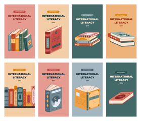 Big set of vertical of stories for International Literacy Day with cartoon literature clipart. Greeting banner with open books with picturesque covers, academic textbook for social media, business.