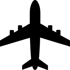 Silhouette of a commercial jet airplane seen from directly above, isolated on a clean white background for graphic use.