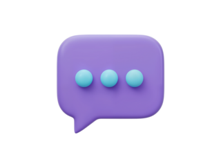 Purple speech bubble with three light blue dots representing typing or thinking isolated on transparent background