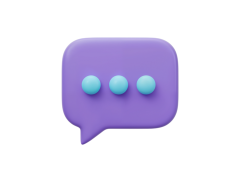 Purple speech bubble with three light blue dots representing typing or thinking isolated on transparent background