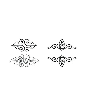 Set of four ornate black calligraphic decorative frames and text dividers on an isolated white background, intricate design elements