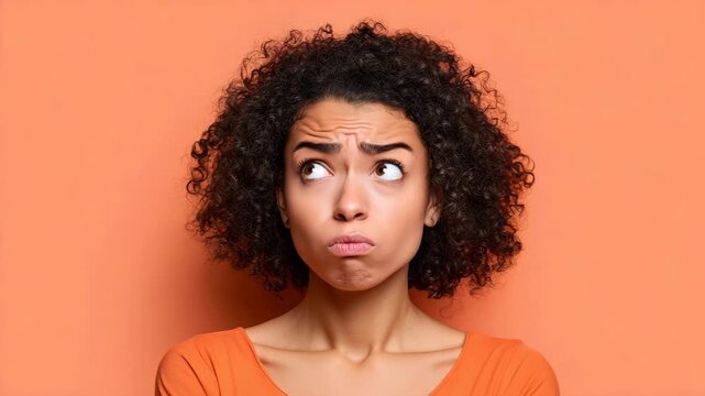Confused woman showing a puzzled expression on an orange background