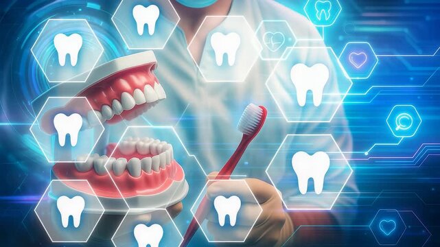 Dentist Holding Toothbrush with Dental Model and Digital Teeth Icons on Blue Background