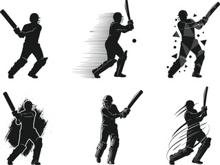 Cricket batsman silhouettes in dynamic poses, artistic vector styles, motion effects, abstract fragments, splatter design, sports action illustration, professional gameplay concept