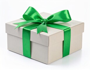 Obraz premium Gift box wrapped with green ribbon sitting on white surface, symbolizing celebration and thoughtfulness, creating a feeling of anticipation and joy.