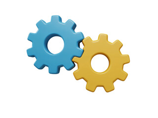 Two interlocking blue and yellow gears representing teamwork and mechanical connection isolated on transparent background