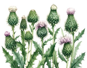 Watercolor illustration of thistle plants