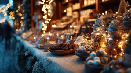 Close-up of Christmas market stall with handmade gifts and glowing lights