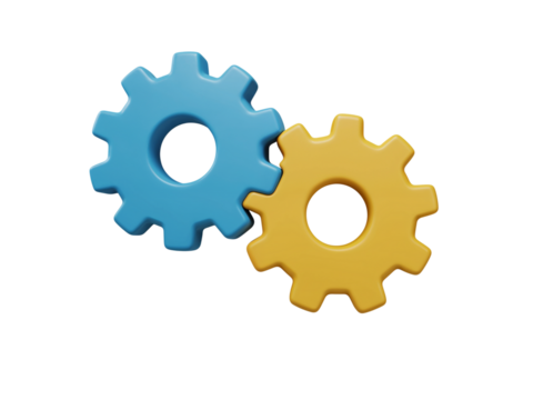 Two interlocking blue and yellow gears representing teamwork and mechanical connection isolated on transparent background