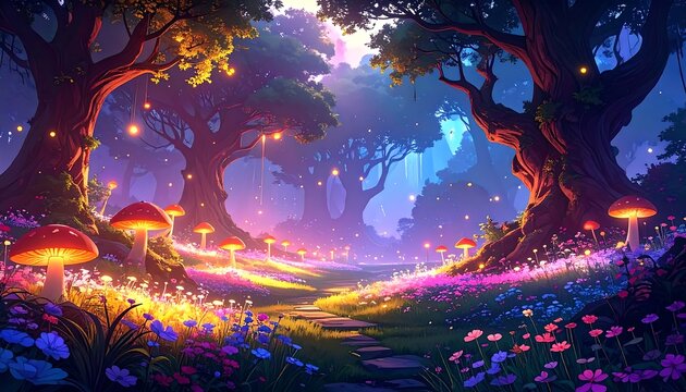 A vibrant, glowing forest path, filled with luminous mushrooms and a spectrum of wildflowers, bathed in magical, nighttime light. - Powered by Adobe