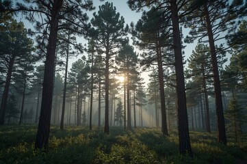 Naklejka premium Sunrise Pine Forest Mist Morning Nature Wallpaper