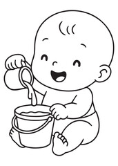 coloring book baby playing with bucket and water outdoors