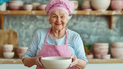 Portrait of a cheerful senior woman wearing a pink apron and hat engaged in a pottery making class in a cozy kitchen filled with shelves of ceramic tools and equipment