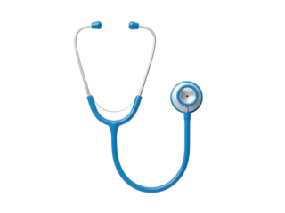 A blue medical stethoscope with silver accents for listening to heartbeats and body sounds isolated on transparent background