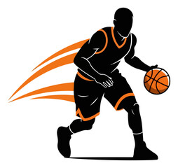 Silhouette of a Basketball Player Dribbling Fast.