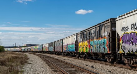 Fototapeta premium Freight train with colorful graffiti on cargo cars in urban industrial setting