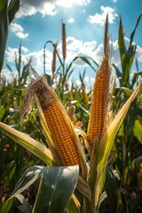 Close-up of ripe golden corn cobs growing in a sunny cornfield with green leaves and clear blue sky in the background. Fresh maize plant ready for harvest, symbol of agriculture, farming, organic food