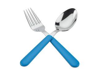 Shiny silver fork and spoon with bright blue handles crossed together isolated on transparent background