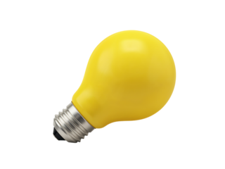 A single bright yellow incandescent light bulb with a silver metal base isolated on transparent background
