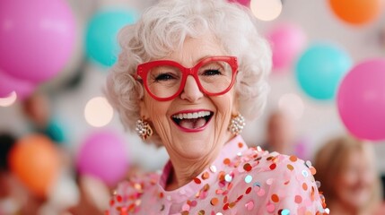 Portrait of a cheerful elderly woman with bright red glasses and a polka dot dress surrounded by colorful balloons and party a special occasion with a group of other happy seniors