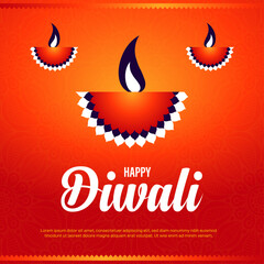 Happy Diwali celebration background. front view of banner design decorated with illuminated oil lamps on patterned red background. vector illustration