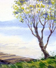 Fototapeta premium Watercolor landscape. Father and son by the lake