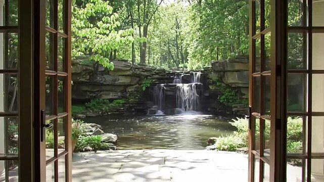 Open French Doors Revealing a Serene Garden with a Tranquil Waterfall.
