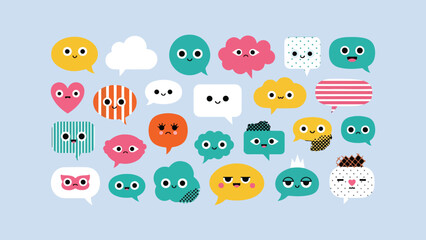 Collection of cute and colorful cartoon speech bubbles with faces