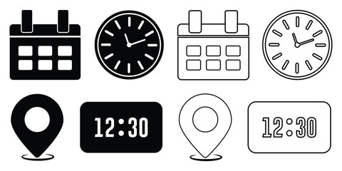 Address time date icons set. Address location icon. Stopwatch timer icon. Date Calendar icon. Black line and flat web icons. Time, date, location or place icons symbol. eps 10
