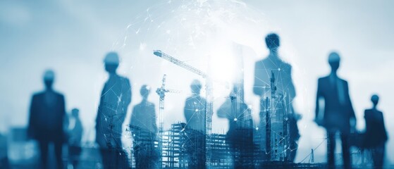 A futuristic scene depicting silhouettes of people against a construction backdrop, symbolizing collaboration in urban development and innovation.