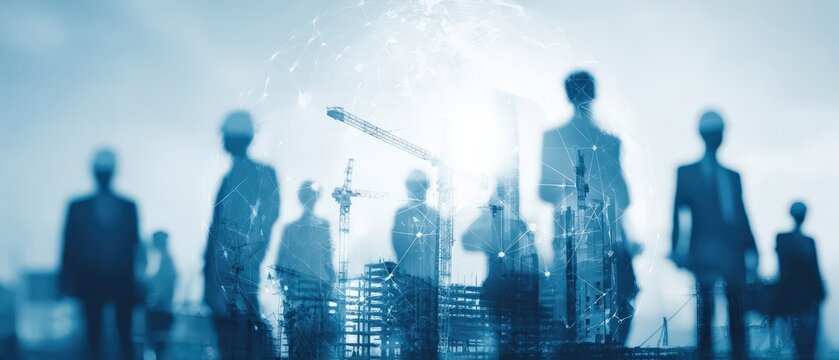 A futuristic scene depicting silhouettes of people against a construction backdrop, symbolizing collaboration in urban development and innovation.