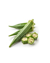 High-resolution close-up of fresh green ladyfinger (okra) vegetable, shown whole and sliced, isolated on a clean white background. Perfect for healthy eating, nutrition, cooking ingredients, 