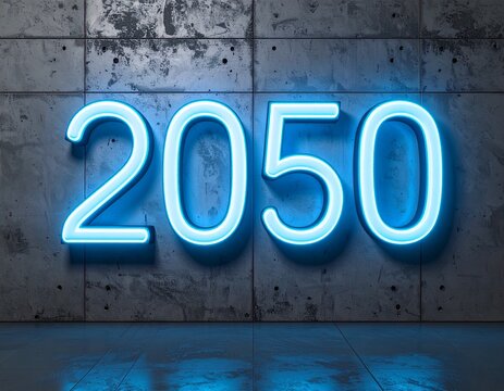 Neon Sign 2050 on Concrete Wall, Futuristic Vision.